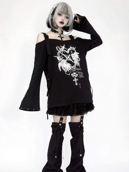 Studded Print Angel with Top Off-Shoulder Black Sleeves