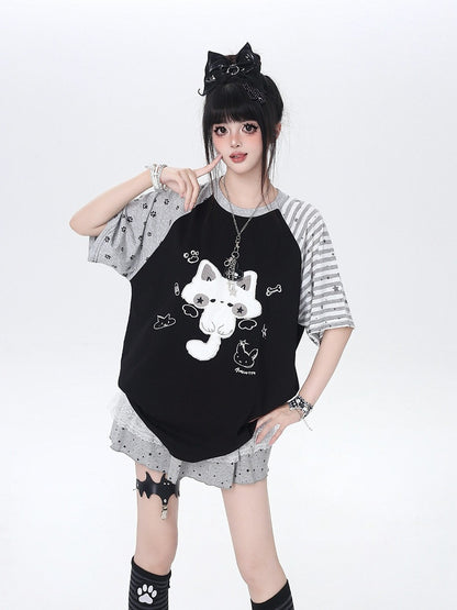 Black Short Sleeve Tee with 3D Plush Kitty - CRAZY GIRL