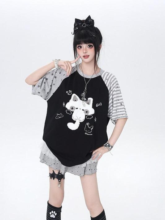 Black Short Sleeve Tee with 3D Plush Kitty - CRAZY GIRL