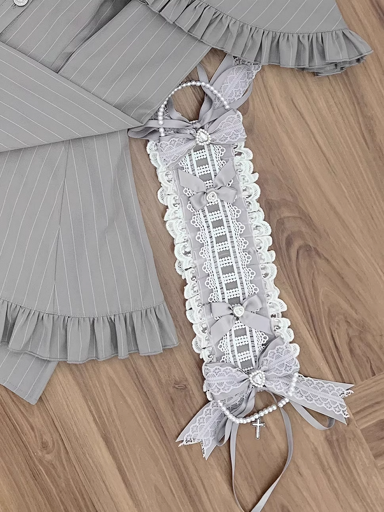 with White Lace Dangling Cross Hairband Jirai Chain Ruffle Gray Kei and