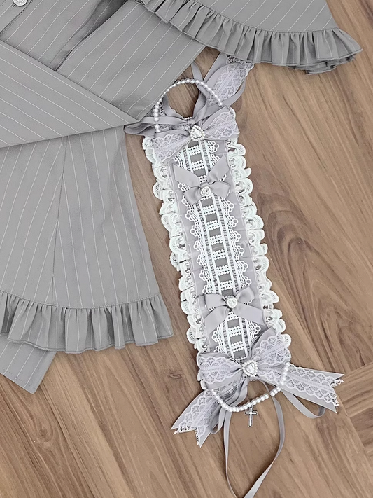 with White Lace Dangling Cross Hairband Jirai Chain Ruffle Gray Kei and