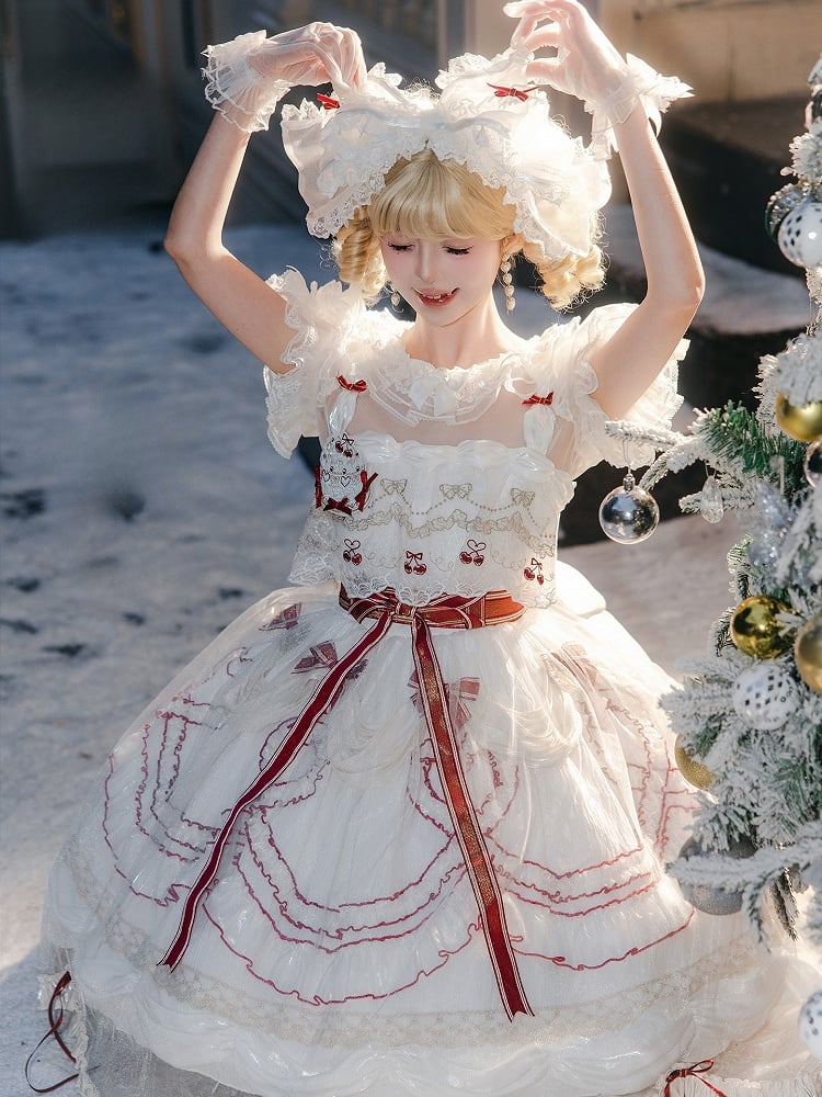 Bowknots Scalloped Red White Edge and Dress Cherry Lolita Embroidered with Overlay Trim Hime