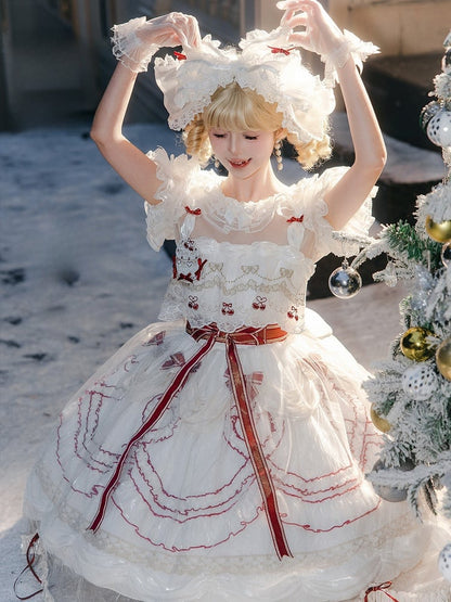 Bowknots Scalloped Red White Edge and Dress Cherry Lolita Embroidered with Overlay Trim Hime