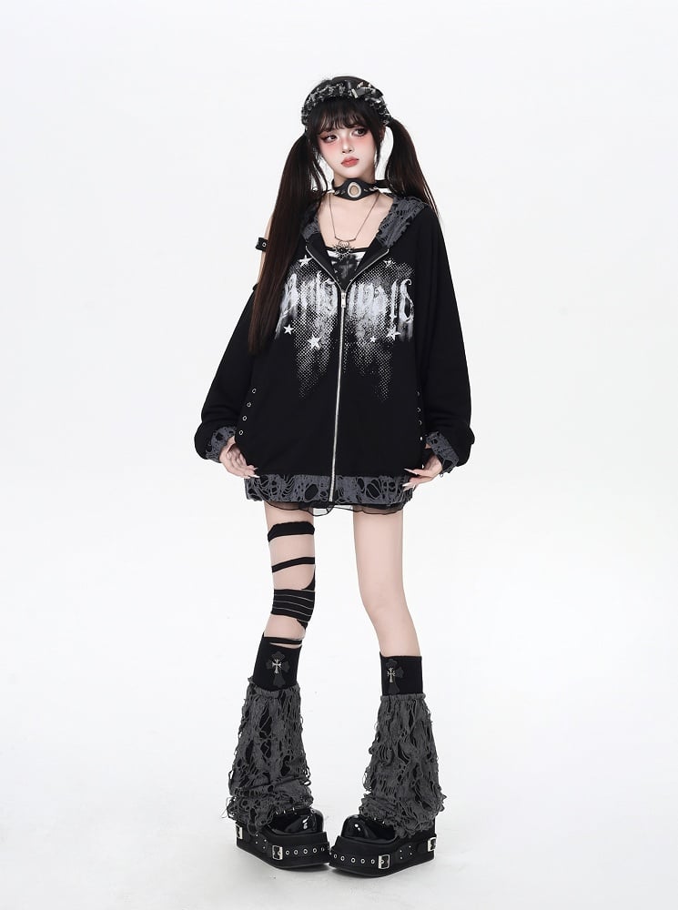 Kapuzenjacke mit Reißverschluss, Löchern im Used-Look und ausgeschnittener Schulterpartie, Weiß/Schwarz