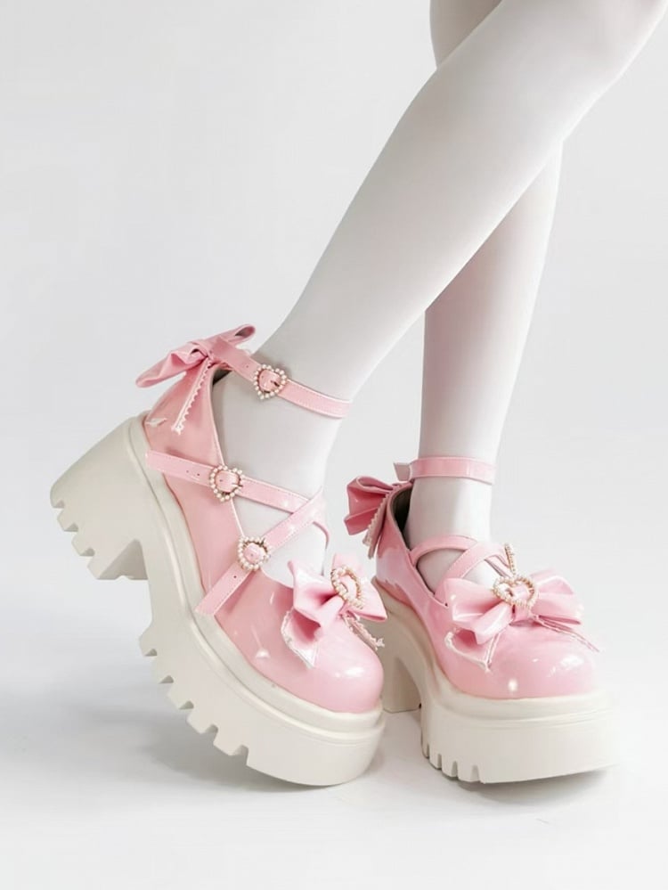 Mary Beaded Pink Details Crossed Janes with Bow Chunky Straps Heel Heart - Closure