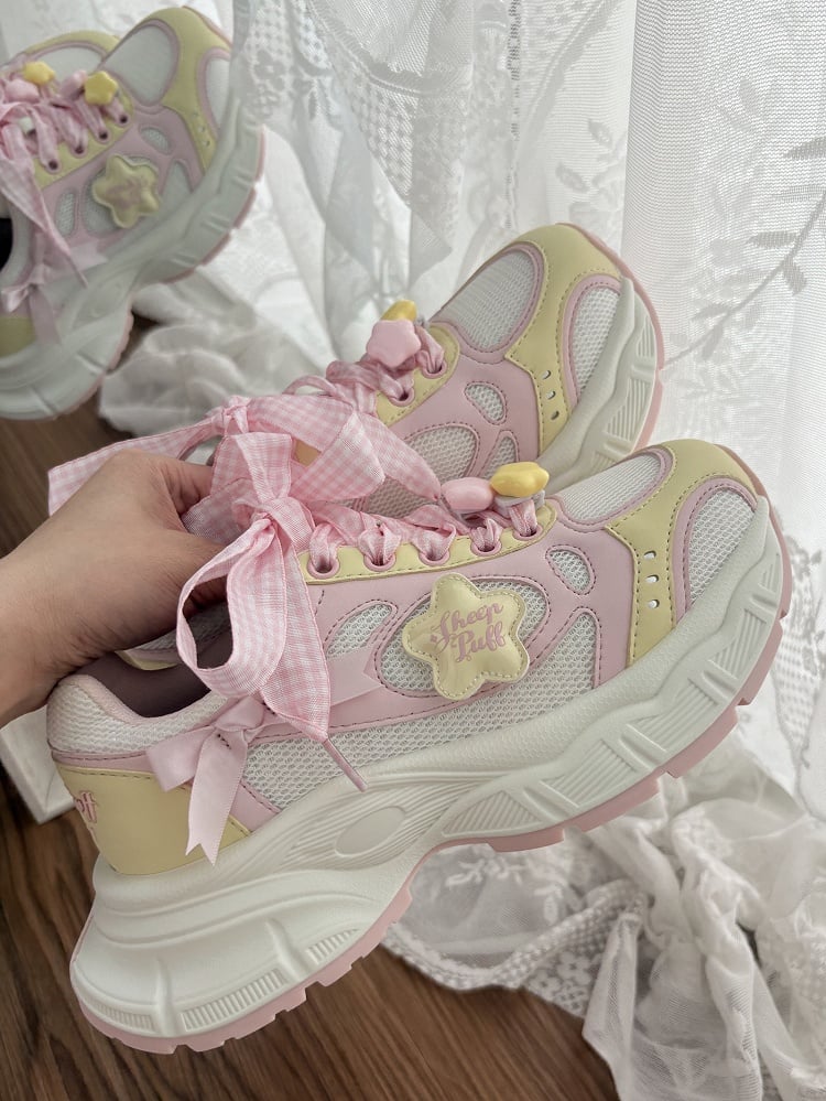 in Platform Pink Lolita Design Bow Plaid Lace-up Star Sweet Details Sneakers Yellow And