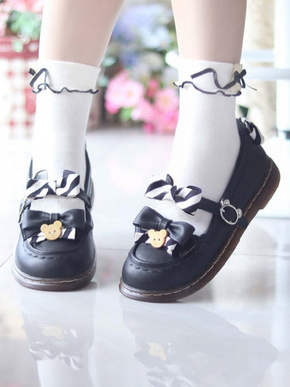 - with Flats Striped 2cm Black Leather Sweet Details PU Decor Bear and Bow Heel