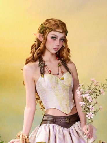 Fairycore Mori Kei Purple & Green Halter Neck Corset Top with Strap Design - Virtual Orbit