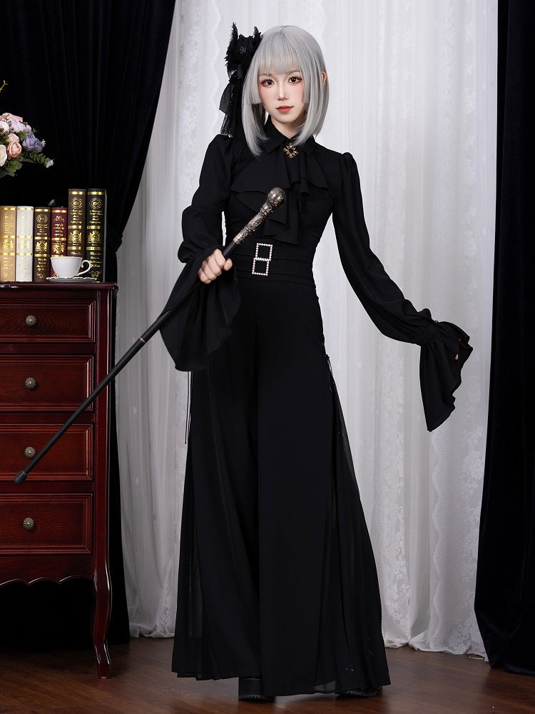 Black High Waist Flowing Pleated Chiffon Wide-leg Pants - DevilInspired Exclusive Collection
