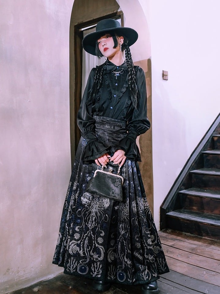Black Balloon Sleeve Shirt with Ruffle Decoration - Quirky Hut