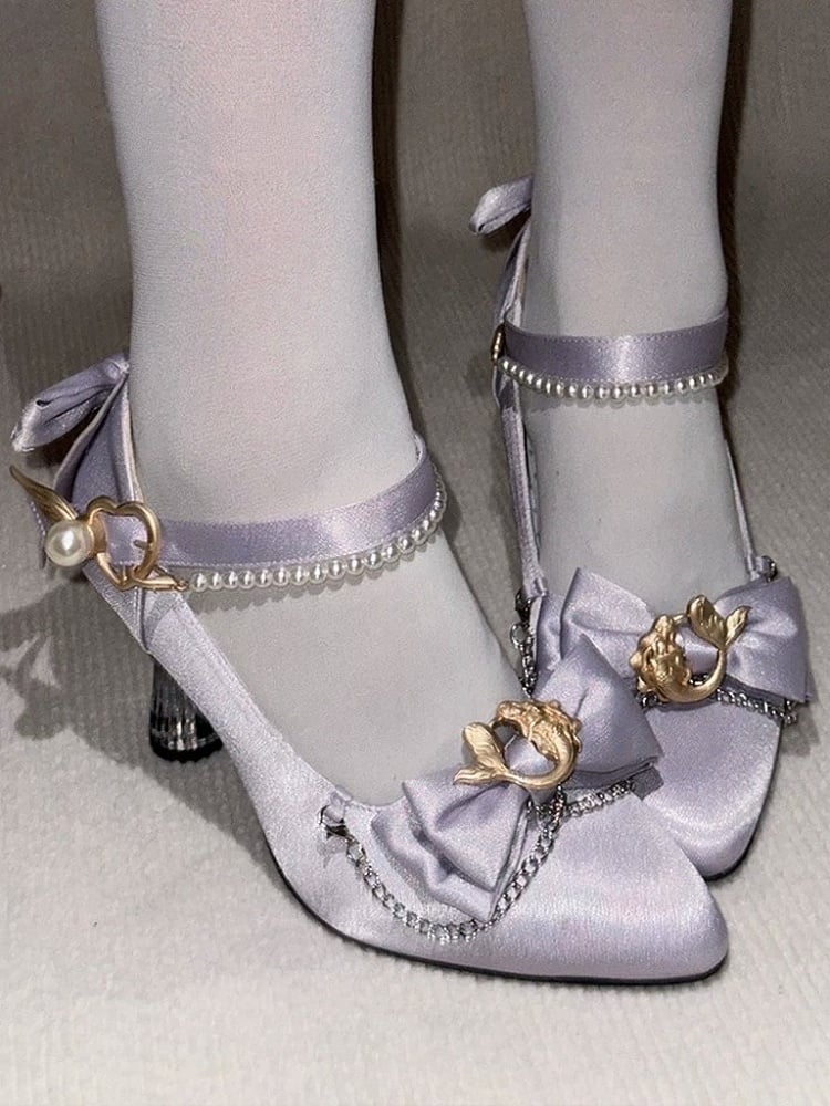 Purple Pointed Toe Shoes with Bowknot, Pearl & Mermaid Design - Meng Ka Jiang