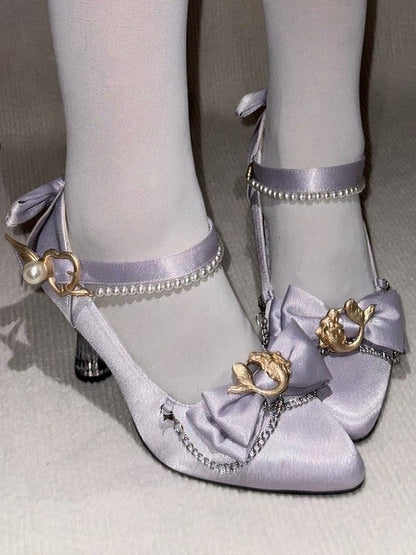 Purple Pointed Toe Shoes with Bowknot, Pearl & Mermaid Design - Meng Ka Jiang