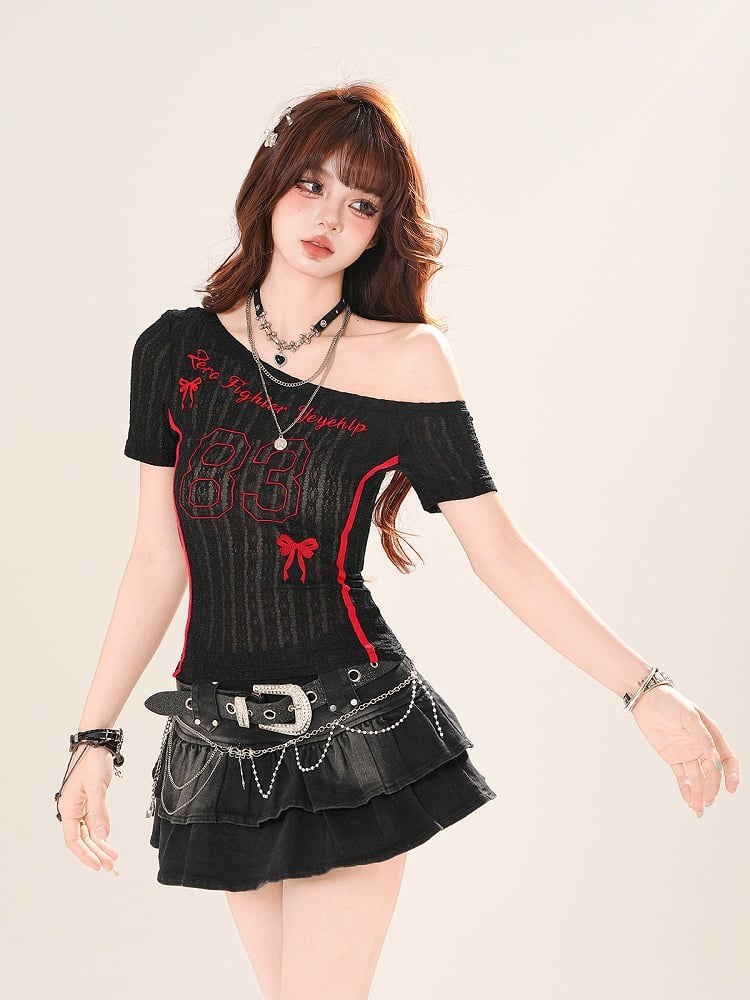 Asymmetrischer Ausschnitt, Zahlendruck, Weiß/Schwarz, halbtransparentes T-Shirt