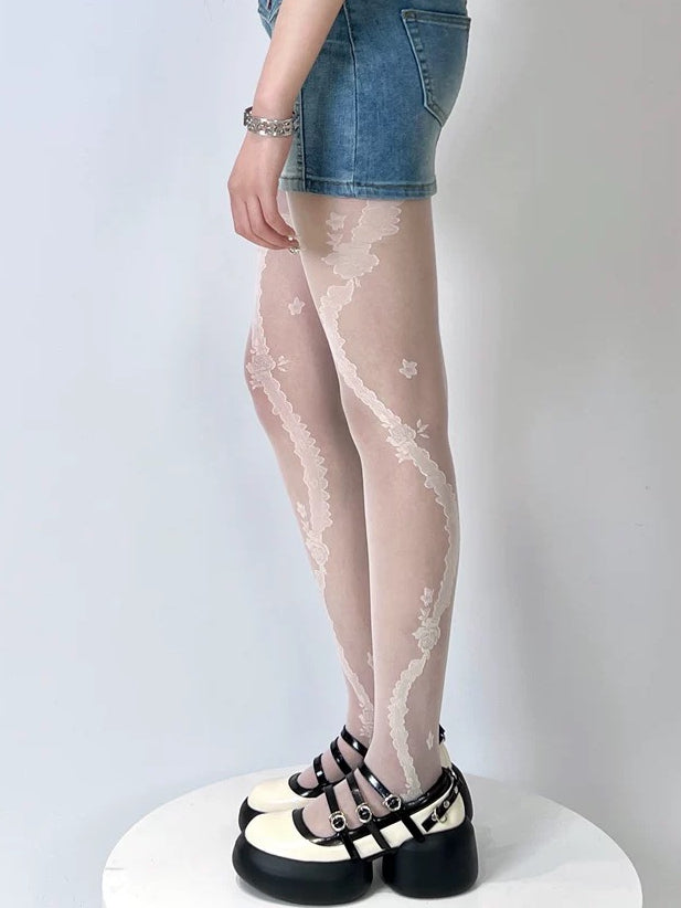 4色展開 ロゼット柄タイツ