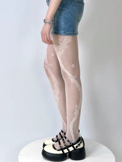 4色展開 ロゼット柄タイツ