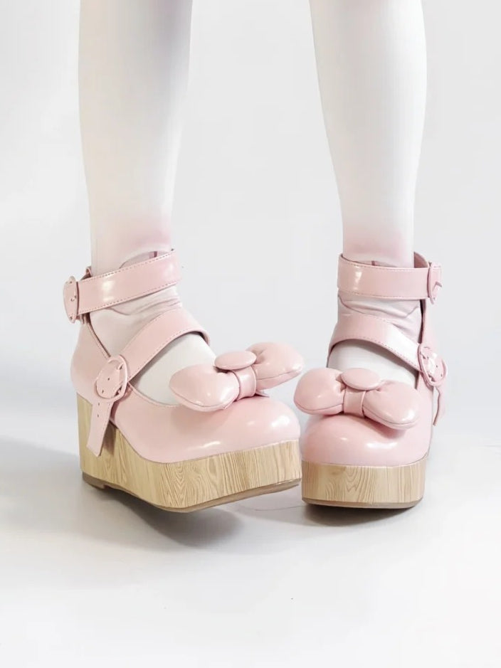 Platform - Shoes Top Buckles at Bow PU Sweet Heart Baby Pink