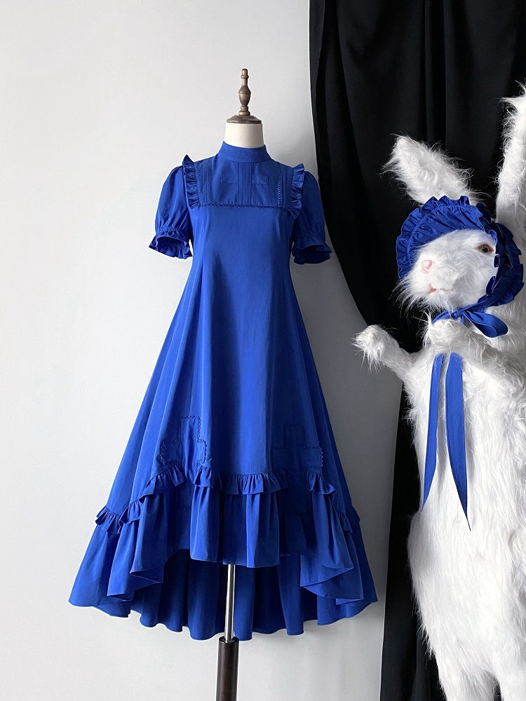 Klein Blue Gothic Lolita High-Low Ruffled Dress with Cross Patches - Blossom Herald