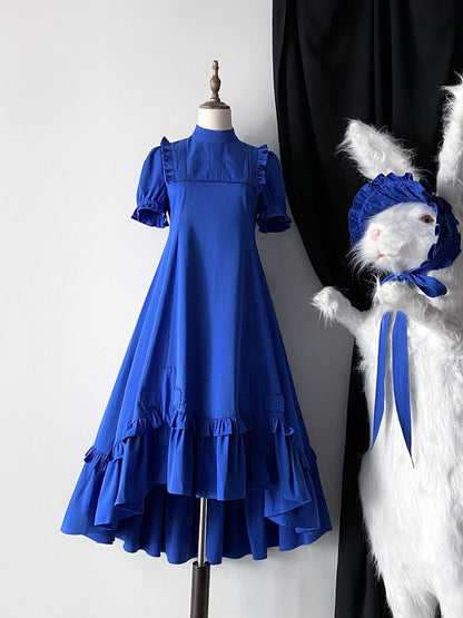 Klein Blue Gothic Lolita High-Low Ruffled Dress with Cross Patches - Blossom Herald