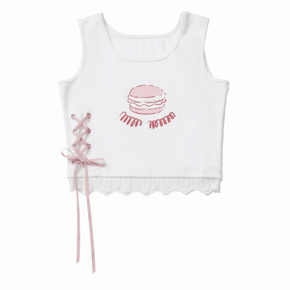 Weiß/Rotes Spitzen-Tanktop mit Burger-Print und Schnürung im Detailbesatz