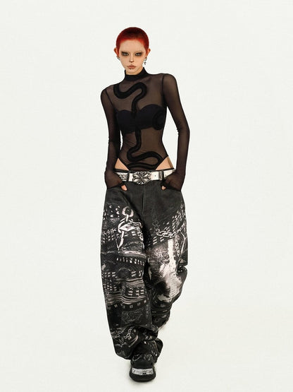 Black Punk Sheer Long Sleeve Top with Snake Pattern Decoration