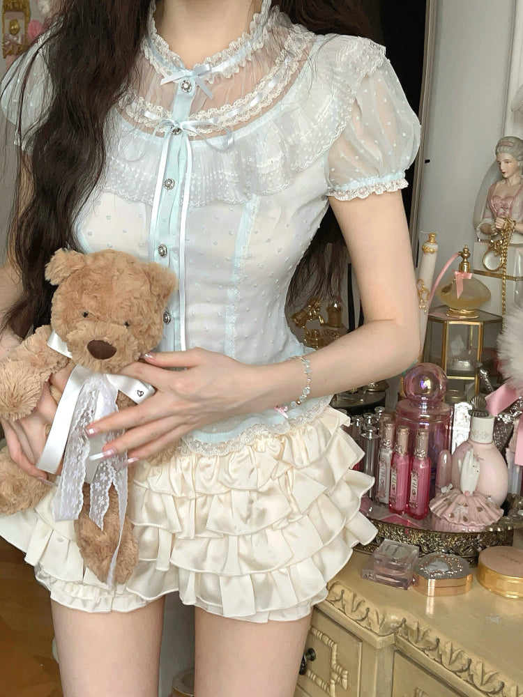 Chiffon Puff Sleeve Blue Polka-dot Top