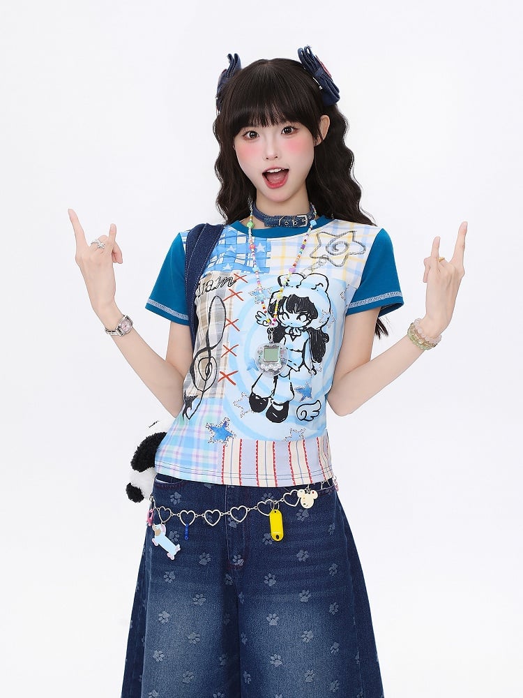 Slim-Fit T-shirt with Pink Cartoon Girl Print Blue/Apricot Plaid Patchwork