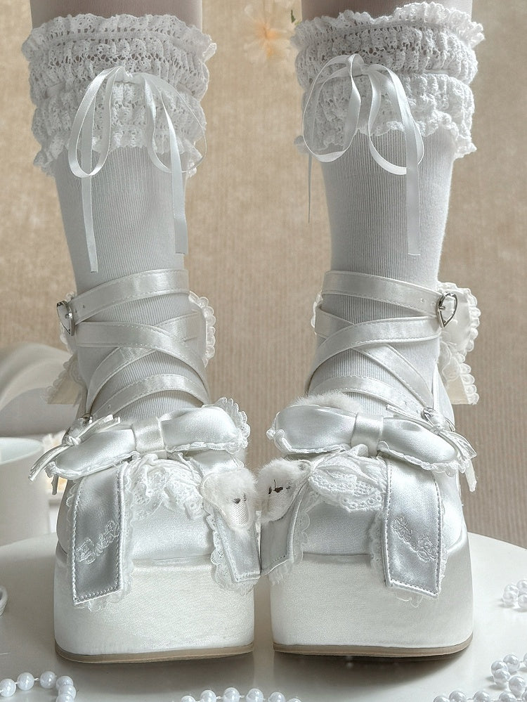 White Ears Janes - Platform Lolita Sweet Mary Satin Bear Plush