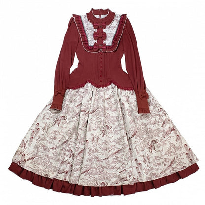 Animals Long-Sleeve Elegant White Print Lolita Forest Piece One Red