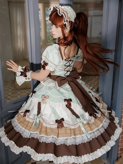 Neckline Bowknot Puff Dress Chocolate Sleeves Details Green Lolita Mint and Square Sweet