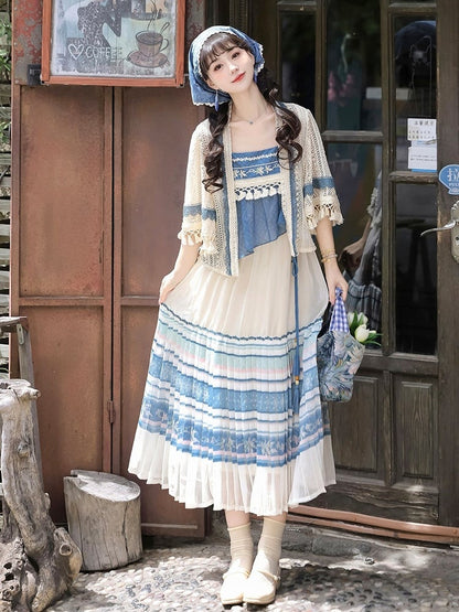 White and Blue Lace Tassel Cardigan with Floral Print Sleeveless Pleated Dress - Han Ru Chu Hanfu &amp; Han-Element Studi