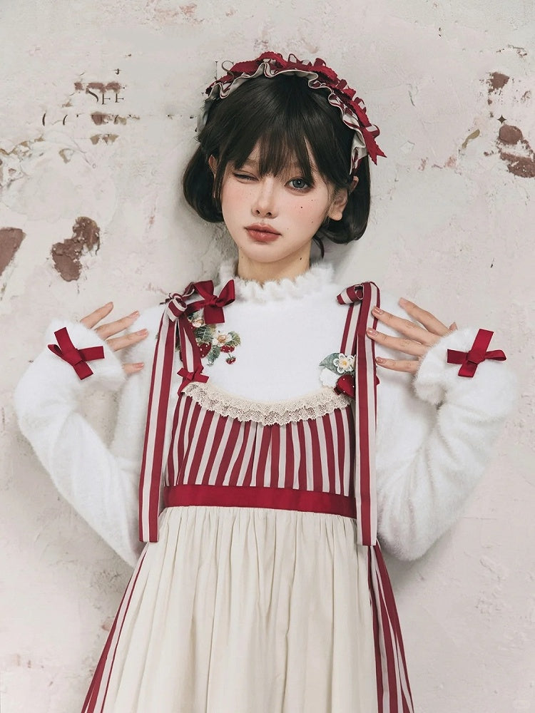 on Embroidery Autumn Top Neckline White Cuffs Knit Bowknot Strawberry