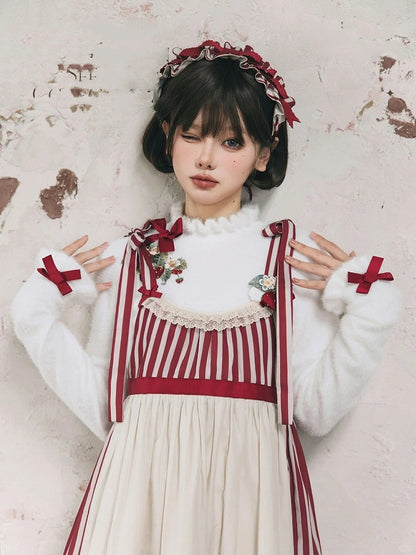 刺繍入り秋トップス ネックライン ホワイトカフス ニット 蝶結び イチゴ