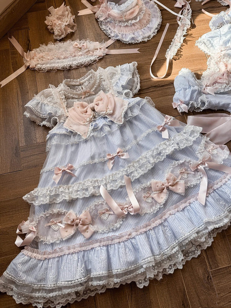 ストライプのリボン柄のスイートな装飾のドレス ロリータ ブルー ピンク