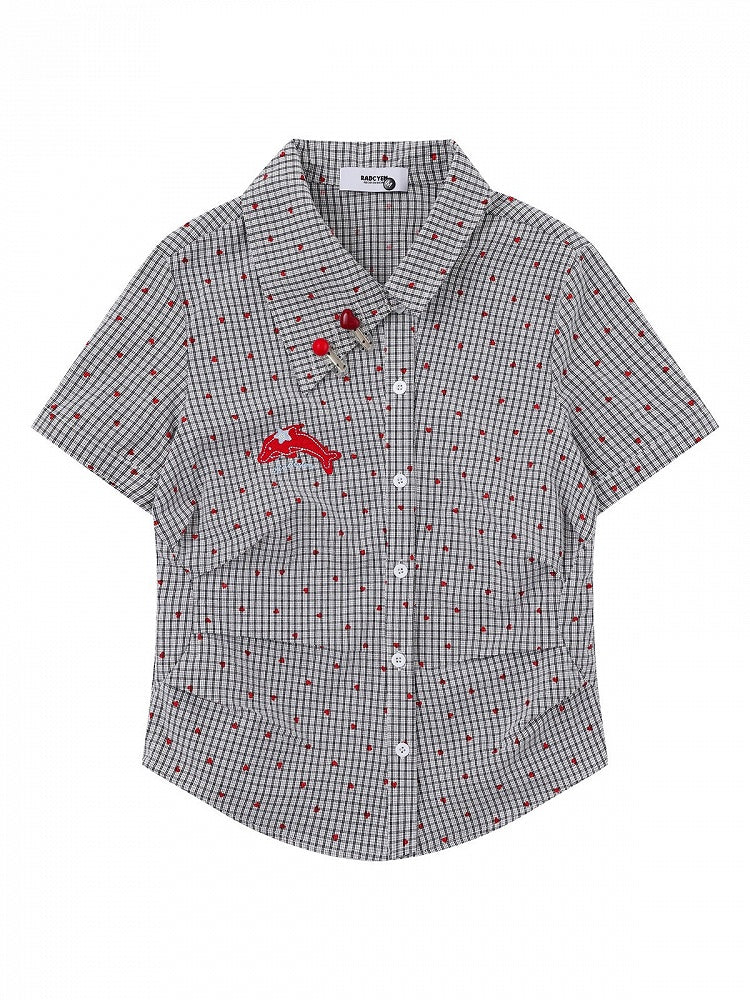 Heart Print Black Asymmetrical Dolphin Embroidered Shirt - Languid Park