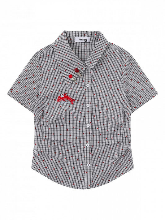 Heart Print Black Asymmetrical Dolphin Embroidered Shirt - Languid Park