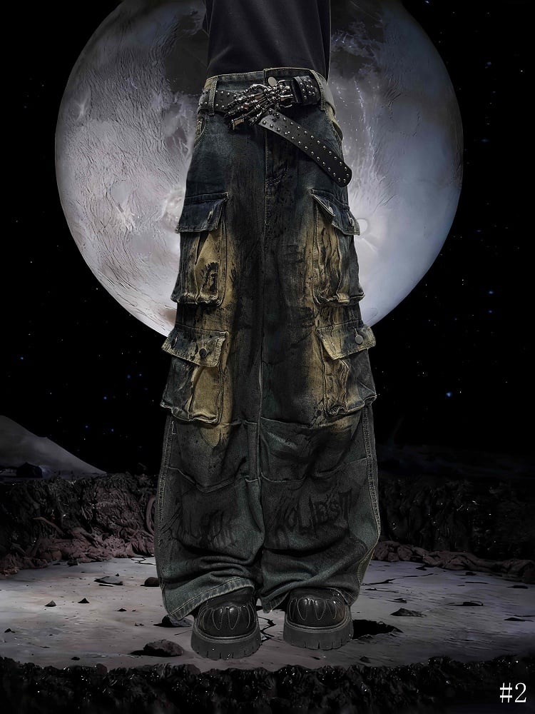 Wide-Leg Blue Faded Jeans Wash with Punk Cargo Wasteland