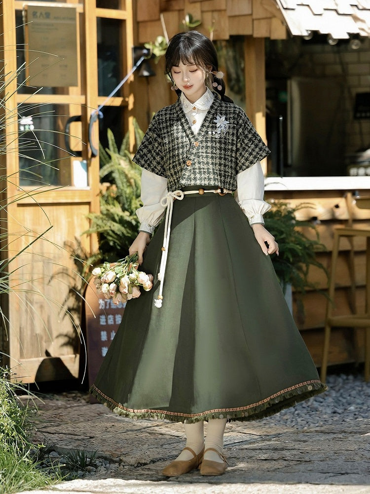 Floral Embroidered Plaid Top in Dark Green with White Blouse and Skirt Ensemble - Han Ru Chu Hanfu & Han-Element Studi