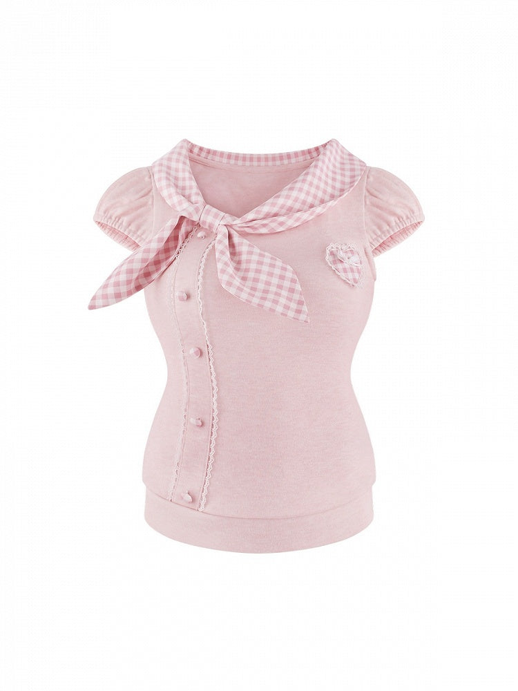 Pink Gingham Puff Sleeve Top with Tie Collar - serendipity