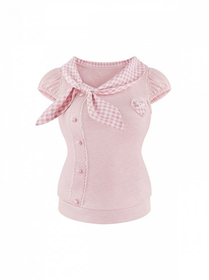 Pink Gingham Puff Sleeve Top with Tie Collar - serendipity