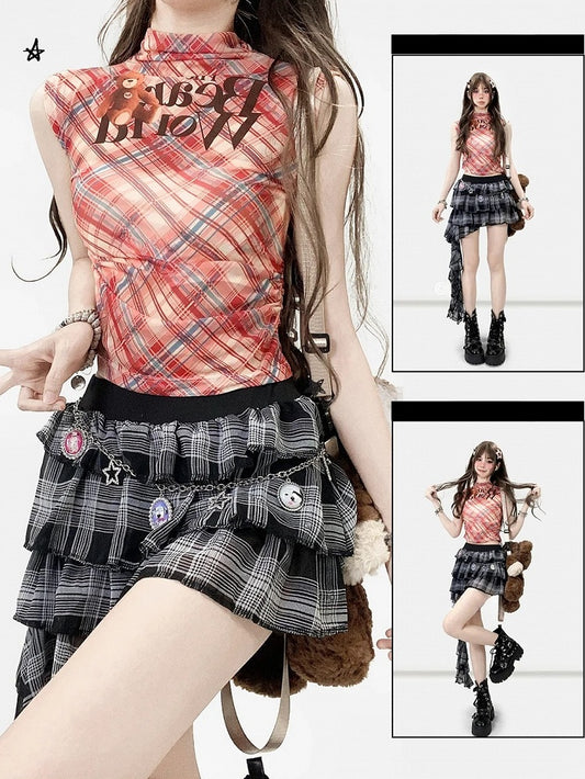 Tank Print Top Buchstabe Rot Muster Kariert Y2K Bittersüß