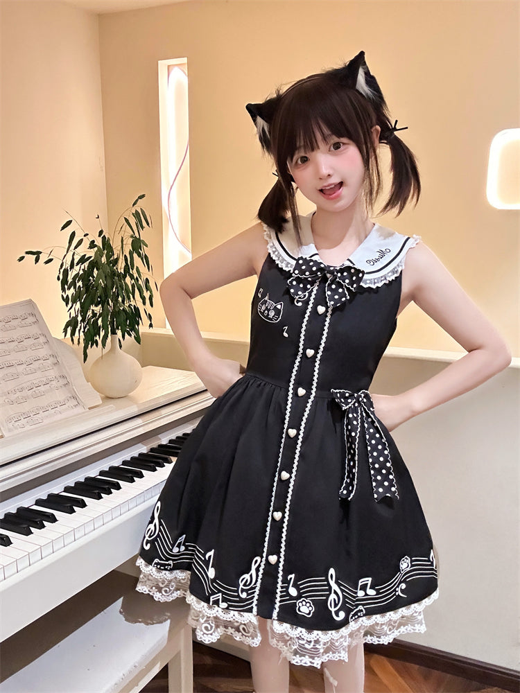 Design Ärmelloses Melodic Kitty Schwarzes Matrosenkragen-Keyboardkleid Zurück
