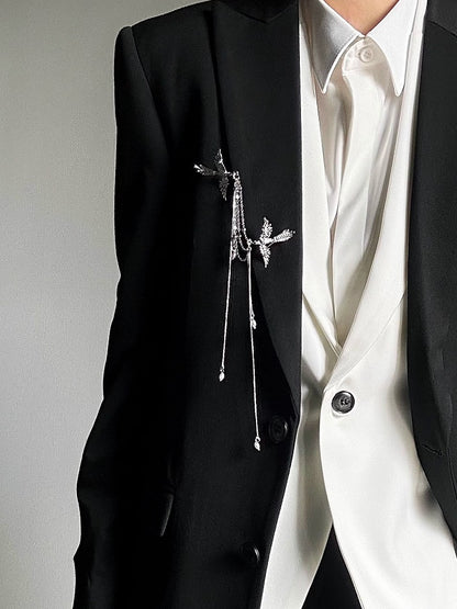 Cheongsam Style Silver Bird Brooch with Chains & Bottom Bead Embellishments