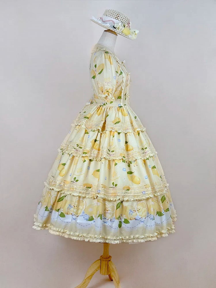Button Chick Placket Skirt and Lolita Sleeves Short Print Yellow Front Lemon Dress Tiered