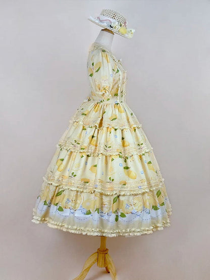 Button Chick Placket Skirt and Lolita Sleeves Short Print Yellow Front Lemon Dress Tiered