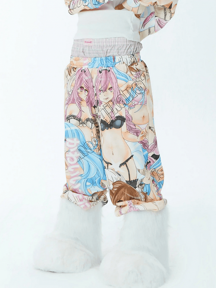 Elastische Taille Cartoon Print Straight Leg Hose Bunt