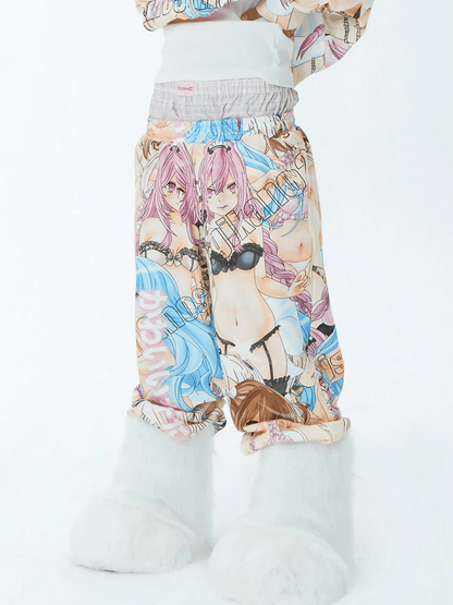 Elastische Taille Cartoon Print Straight Leg Hose Bunt