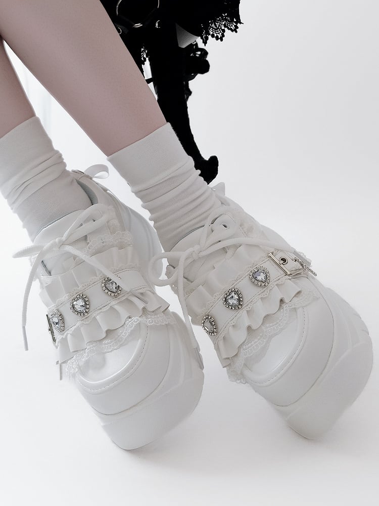 Lacing Crystal Kei Heart Back Jirai Shoes - Platform White