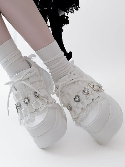 Lacing Crystal Kei Heart Back Jirai Shoes - Platform White