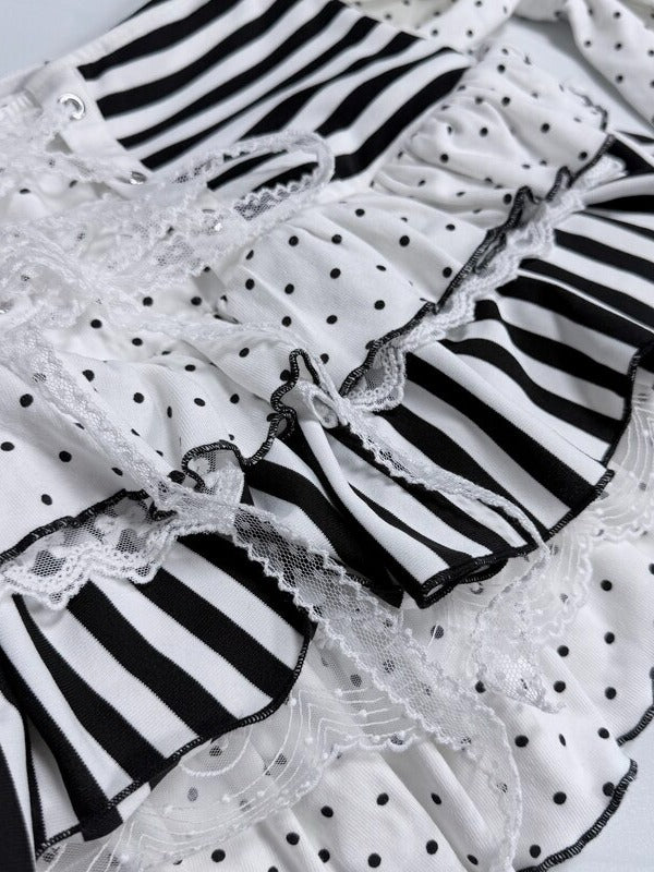 Cute Lace Trim Skirt with Stripe and Polka Dot - Yameko