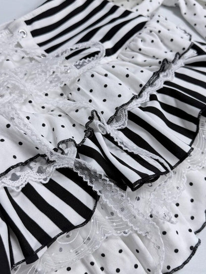 Cute Lace Trim Skirt with Stripe and Polka Dot - Yameko
